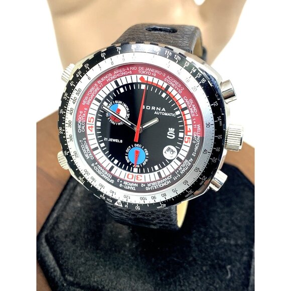 Sorna Men's Watch Automatic World Timer Triple Date Retro Black Red Leather Band - Picture 1 of 14
